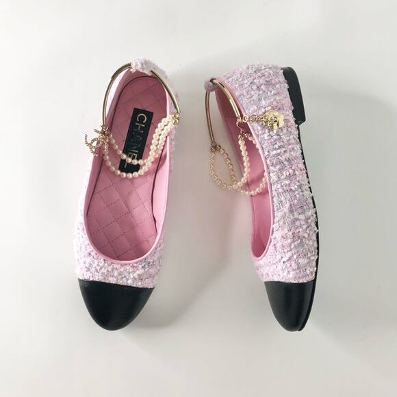 Chanel CC Logo Camellia Charm Pearl Chain Pink Tweed Cap Toe Ballerina Flats 37 - Picture 2 of 13